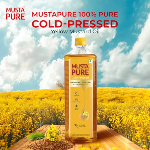 Image of Musta Pure Cold Pressed Yellow Mustard Oil 1 Litre Cooking Oil, Unrefined, Naturally Cholesterol Free, A1 Grade Real Mustard Seeds For Natural Aroma & Flavour For Roasting, Frying, Baking - PET Bottle