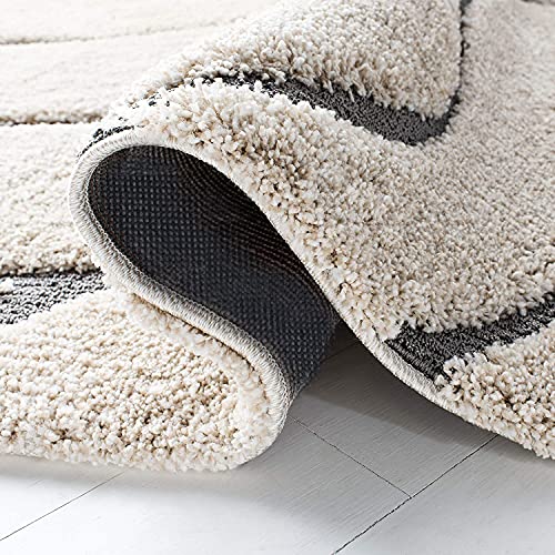 Image of Geometric Wave Shaggy Rectangular Carpet For Living Room,Bedroom,High Low Design Finish Microfiber 1.8 Inch Pile High,7X10 Feet Ivory|Grey Color