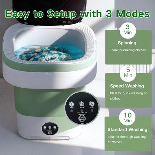 Image of 15L Mini Portable Washing Machine, Collapsible Washer with 3 Cleaning Modes for Underwear, Baby Clothes, Small Foldable Laundry for Travel Apartment Home Dorm Hotel Camping (White Green)