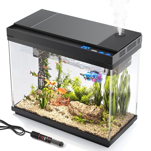 Vehipa Nano Aquarium, 9 Liter Aquarium Set mit Heizung, 3-in-1 Pumpe mit Filterung, Sauerstoffanreicherung und Zirkulation, 7-Farben-Timer-Zyklusbeleuchtung, Temperaturanzeige, Luftbefeuchter