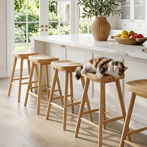 Image of HNY Backless Counter Height Bar Stools Set of 4, 24'' Rustic Farmhouse Wooden Saddle Stools Ergonomic-Seat Bar Chairs, Bar Height Barstools for Kitchen Counter Island, Natural