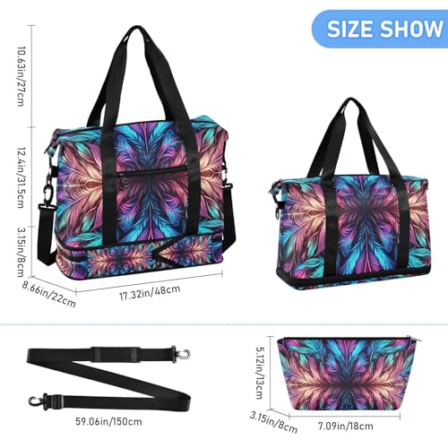 Feathers Colorful Pattern Gym Bag for Women Sport Travel Duffel Bag Shoulder Weekender Overnight Bags with Wet Pocket & Shoe Compartment3