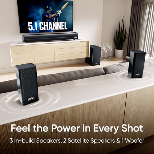 Image of Mivi Fort H350 Soundbar [], 5.1 Channel with 3 Built-in Speakers, 2 Satellite Speakers & External Subwoofer, Multiple EQ /Input Modes, Home Theatre 5.1,Made in India Sound Bar