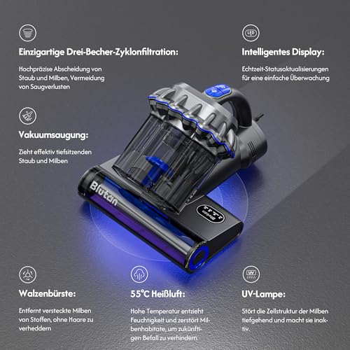 Blutan B Mitefree X3 Milbensauger mit 3-Becher-6-Stufen Zyklon Filtration, UV-Sterilisation, Heißluft, LED-Anzeige,>10 kPa für Matratzen, Sofas,Chemiefreier Polsterreiniger,Entfernt 99,9% Allergene