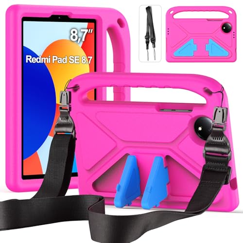 RollinCase Funda Infantil para Xiaomi Redmi Pad SE 8,7 Pulgadas, Carcasa Antigolpes con Asa y Correa para Redmi Pad SE 8,7'' 2024, Magenta