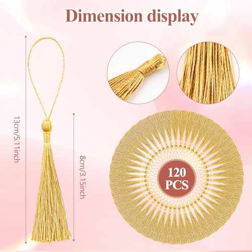 Image of NACHLYNN 120 Pcs Bookmark Tassels Bulk 13cm /5 Inch Silky Handmade Soft Craft Mini Tassels for Jewelry Keychain Making with Loops for Dress Decoration DIY Craft Accessory (Gold)