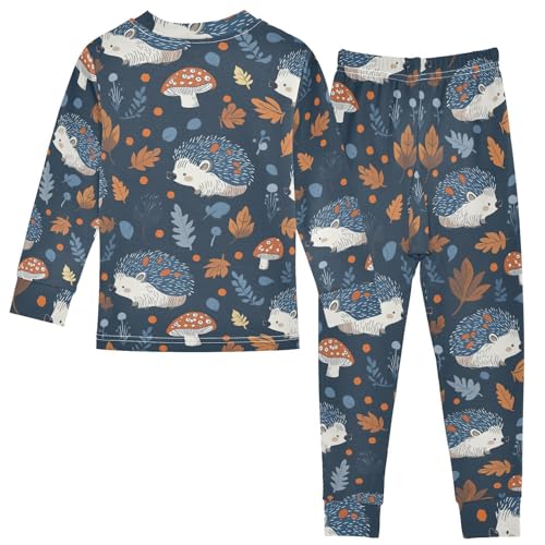 Fustylead Cute Hedgehog Fall Leaves Mushroom 2-Piece Cotton Pajama Set, Long Sleeve Top and Matching Bottom2