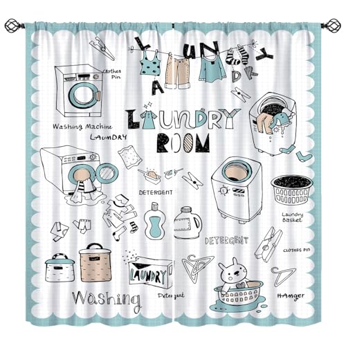 KANEPE Laundry Room Curtains, Blue Cartoon Animal Wash Dry Fold Repeat Window Treatments, Rod Pocket Thermal Insulated Drapes 2 Panel Sets for Bedroom Living Room, 42