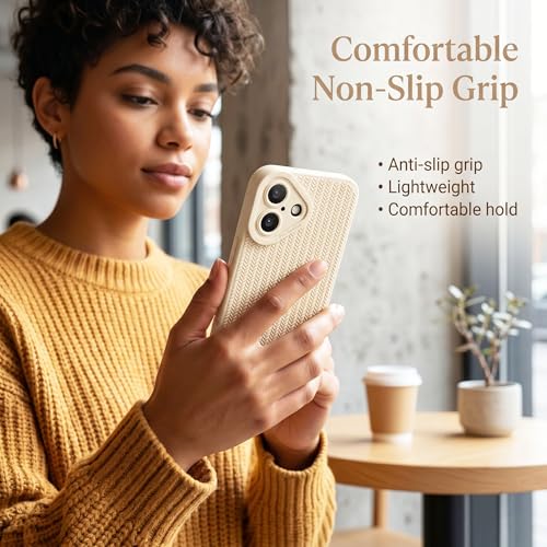 Image of amazon basics Luxury 3D Knitted Texture Soft Silicone Back Cover for iPhone 17 | Slim Fit Shockproof Case with Camera Protection & Non-Slip Grip - Cream
