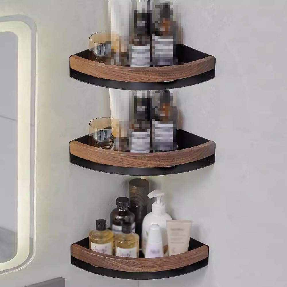 Walnut Triangular Basket Corner Shower Caddy Wall-Mounted Inside Shower Shelves for Bathroom Kitchen Size 3 layer