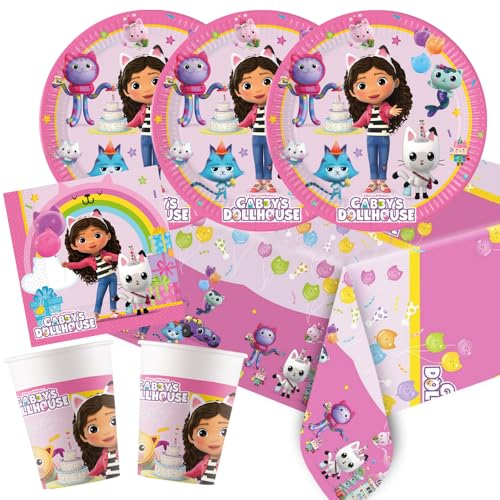 Procos Gabby's Dollhouse - Conjunto de 37 peças com pratos de cartão, copos de papelão, toalhas, toalha de mesa para aniversário infantil