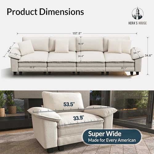 Image of HERA'S HOUSE 158 inch Oversized Modular Sectional Straight Sofa,Chenille White | 4-Seater Living Room Couches, Wider Armrest and Deep Seat, Comfy Cloud Couch with Ottoman, Wood Sturdy Frame