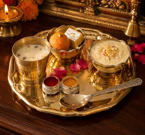 Image of Two Moustaches 5 Inches Brass Pooja Thali Set, Brass Thali Set for Bhog, Set of 1 Thali, 2 Katori, 1 Glass and 1 Spoon, Golden, Gifts for Puja Ceremony, Plate for Pooja - Set of 5 Pieces, Small