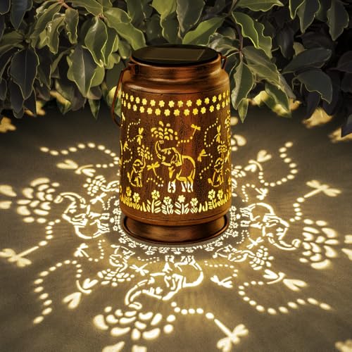 Nacome Faroles solares de elefante para decoración de jardín: decoraciones de metal colgantes impermeables con luces LED para patio, césped, porche, patio, paisaje, camino