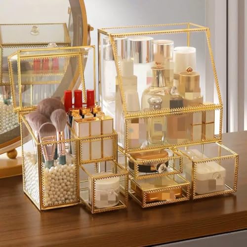 メイクボックス コスメ収納,化粧品収納ボックス,強化ガラスコスメボックス 化粧箱 大容量 メイク収納. (3-in-1 セット)