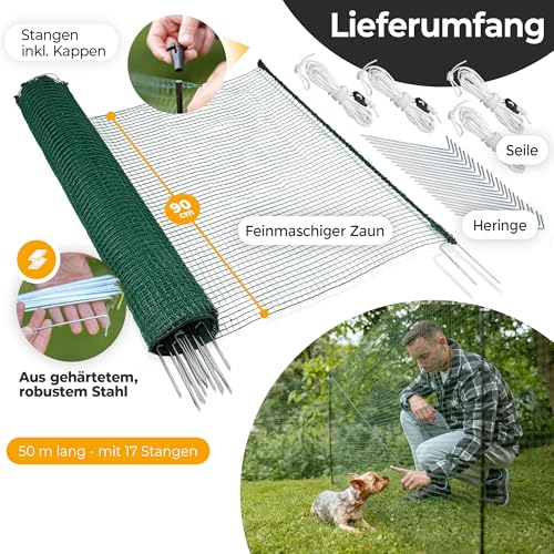 NATURIZ® Weidezaun & mobiler Hundezaun 50m - Camping Zaun für Hunde ohne Strom, Begrenzungszaun, Gartenzaun, Hühnerzaun extrem stabil, 90cm hoch (50m)