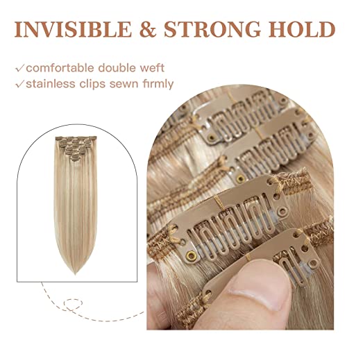 Image of S-noilite Hair Extensions Clip in Human Hair 20 Inch Light Blonde Highlighted Golden Blonde Double Weft Thick Silky Straight Seamless Remy Hair Clip ins for Women 7PCS 120g-#(P16 /22)