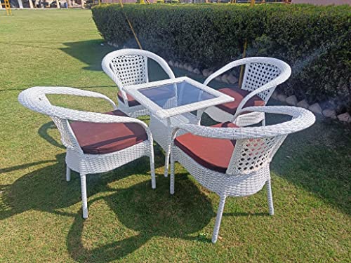 Image of Anaya Decor D-8 Chairs Table Set 4+1 Wicker Patio Furniture Sets 4 Chair and 1 Table with Cushions for Garden Balcony Bedroom Powder Coated Frame Uv Protected Wicker (Off White+Brown)