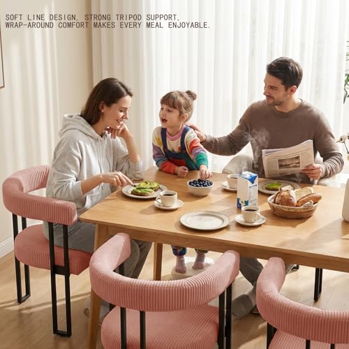 Image of Modern Corduroy Dining Chairs Set of 4 with Metal Legs,Comfy Accent Dining Room Chairs Upholstered Kitchen Side Chairs with Curved Backrest for Dining Room Kitchen Living Room (Pink,4)