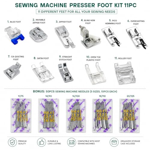 Image of ZENITH 11-Piece Sewing Machine Presser Feet Kit for Brother, Singer, Janome - Universal Low Shank Compatible + 40 Needles Combo