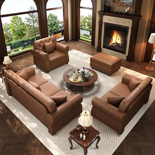 Image of KEIKI 3-Piece Chesterfield Sofa Set with 1 Faux Leather 3-Seater Sofa & 1 Loveseat & 1 Single Sofa, 6-Seater Couch Set with Nailhead Trim & Rolled Arms & 1 Ottoman & 6 Pillow, for Living Room, Brown
