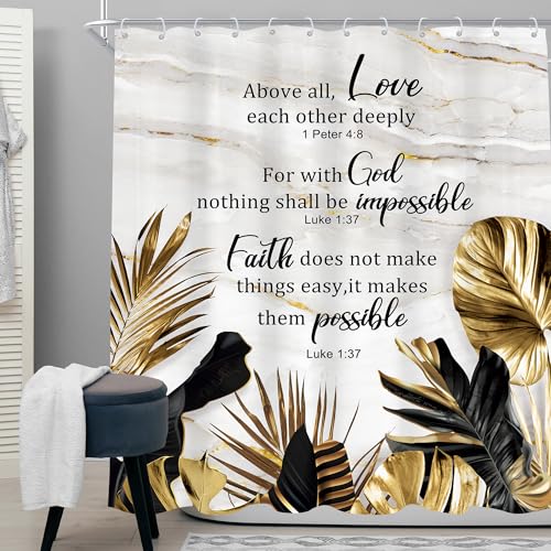 Cinbloo White Gold Tropical 72Wx72H Shower Curtain Palm Leaf Quotes Bible Verse Christian Monstera Scriptures Bath Curtain Men Black Marble Bath Bathroom Accessories Decor