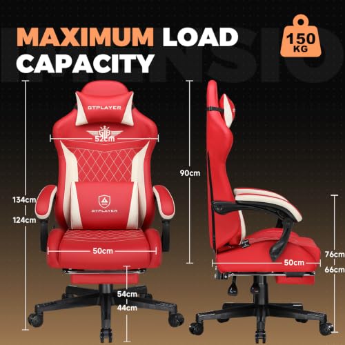 Image of GTPLAYER Gaming Chair with Footrest, Ergonomic Office Chair 400lbs Heavy Duty, Big and Tall Computer Desk Chair with Lumbar Support and Headrest, Faux Leather 90-155 Recline Red