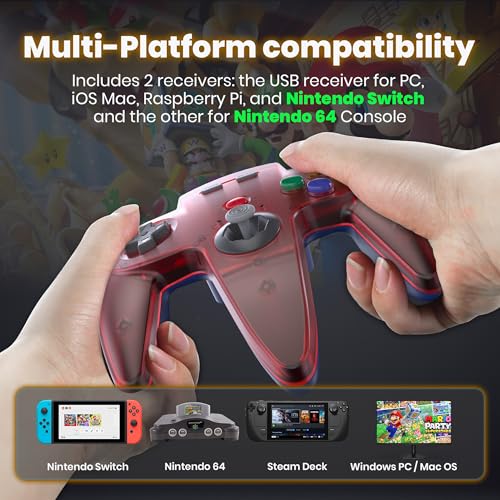 Image of 2.4 GHz Wireless N64 Switch Online Controller, USB Receiver & N64 Receiver, Compatible with Windows PC Laptop iOS Mac Raspberry Pi, N64 / Switch Online /NSO - (Rechargeable) (Plug and Play) Clear Red