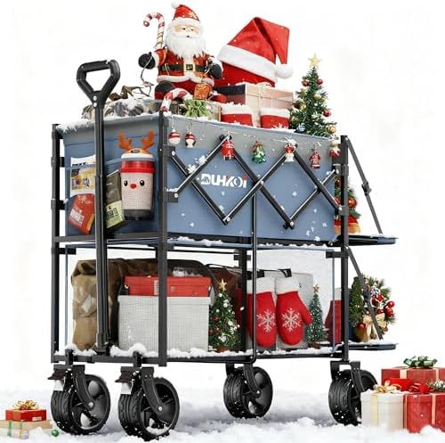Double Decker Wagon 320L Large Capacity 400LBS Collapsible Sports Utility Cart with Big Wheels,Double Extended Tailgate Heavy Duty Folding Wagon Cart for Groceries,Camping,Outdoor (Light Blue)