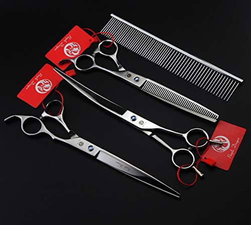 Image of Purple Dragon 8 inch 3 in 1 Professional Pet Grooming Thinning(Silver) | 2 PCS Curved Shear Includes Bag, Stainless Steel, Hair Thinning Scissor /Shear Set, Perfect for Hair Stylist or Home Use