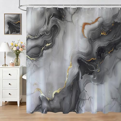 Mocsicka Grey Marble Shower Curtain Abstract Modern Luxury Marble Bathroom Shower Curtain Black and Grey Marble Waterproof Fabric Shower Curtains Bathtub Decor with 12 Hooks 72 X 72 Inch (Grey)