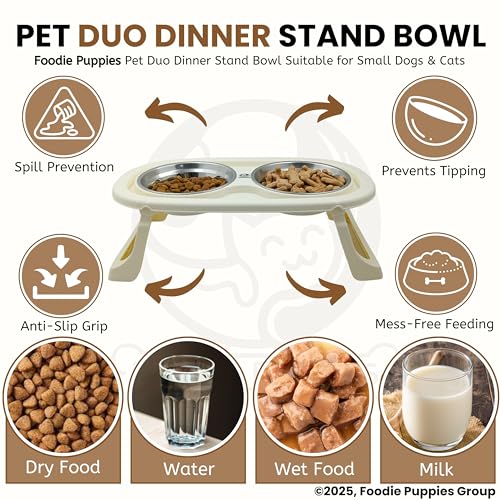 Image of Foodie Puppies Pet Duo Dinner Stand Bowl - (Beige) | Stainless Steel Foldable Stand Bowl for Food & Water | Suitable for Cats, Puppies and Small Dogs | Elevated Feeding Station for Healthy Digestion