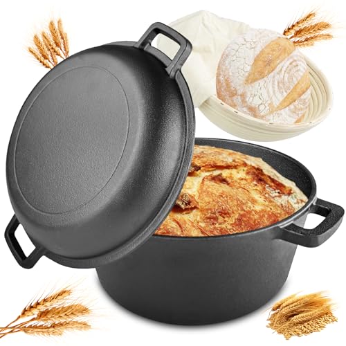 Zeripikfoasp Marmite en Fonte, 26cm Casserole en Fonte avec Corbeille à Pain, Cocotte 2 en 1, Marmite à Pain avec Couvercle de Poêle, Poignées de Poêle,...
