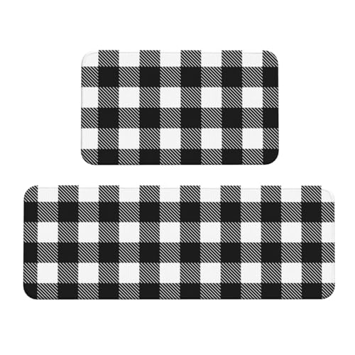 GVYGVY Antifatigue Kitchen Mats for Floor 2 Piece - Black White Twill Stripe Plaid Print Kitchen Rugs Washable, Non Slip Runner Rug Standing Mat for Office/Bathroom/Laundry/Home Decor and Accessories