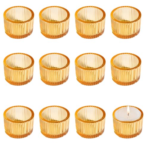 12 of Clear Tea Light Candle Holders, 2 x 1.4 Mini Ribbed Tealight Holder, Candles & Holders, for Wedding Candle, Christmas Home Decor, Birthday Party(Gold Tone)