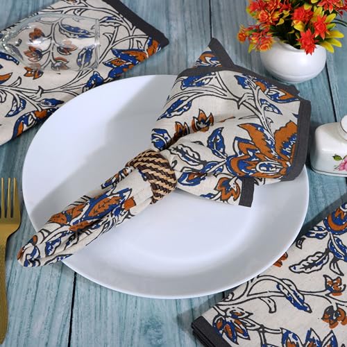 Image of FINGERCRAFT Printed Table Napkins Cotton Linen Blend Dinner Cloth Napkins Perfect for Parties Dinners Weddings Cocktail Christmas Napkins 20x20 Inches (Summer Block Ochre Flower)