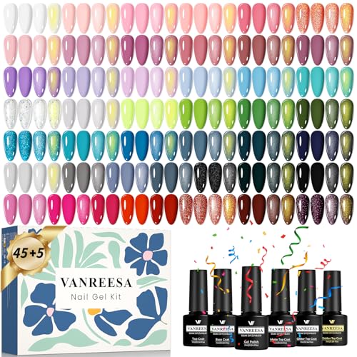 VANREESA Kit Uñas Semipermanentes, 45 Colores Pintauñas Semipermanentes con Base Top Coat Brillante Mate Purpurina, Kit de Manicura para Principiantes, Regalos para Mujeres