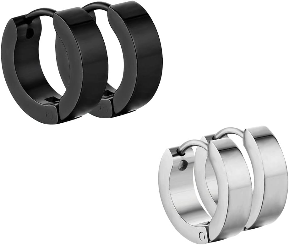 2 Pares Pendientes acero inoxidable negro plata mate hombres/mujeres 4 mm / 12 mm Pendientes de aro clásicos