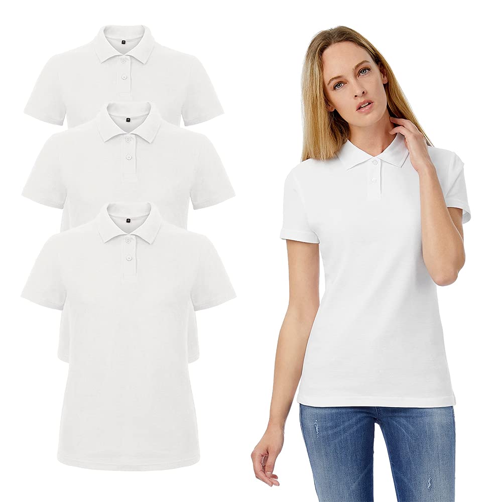 Set 3 Pezzi - Polo Bianca piquè da Donna (Bianco Candido) - 100% Cotone Fresco e Leggero - Ottima vestibilità - Ideale per Il Lavoro, Cucina, pizzaiolo ECC