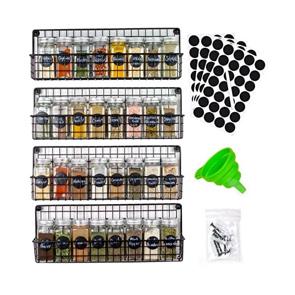 HappyHome Hanging Spice Rack for Wall Mount - 4 Stylish & Sturdy Spice Racks - Black Metal Spice Organizer for Wall, Door, or Cabinet (Black Spice Rack with Jars Set)