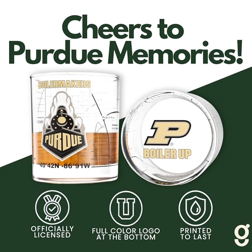Image of Greenline Goods University of Purdue Boilermakers Whiskey Glasses Set of 2, 10 oz Rocks Glasses with Full-Color Logo & Campus Map - Officially Licensed Bourbon Glass Gift for Alumni & Fans