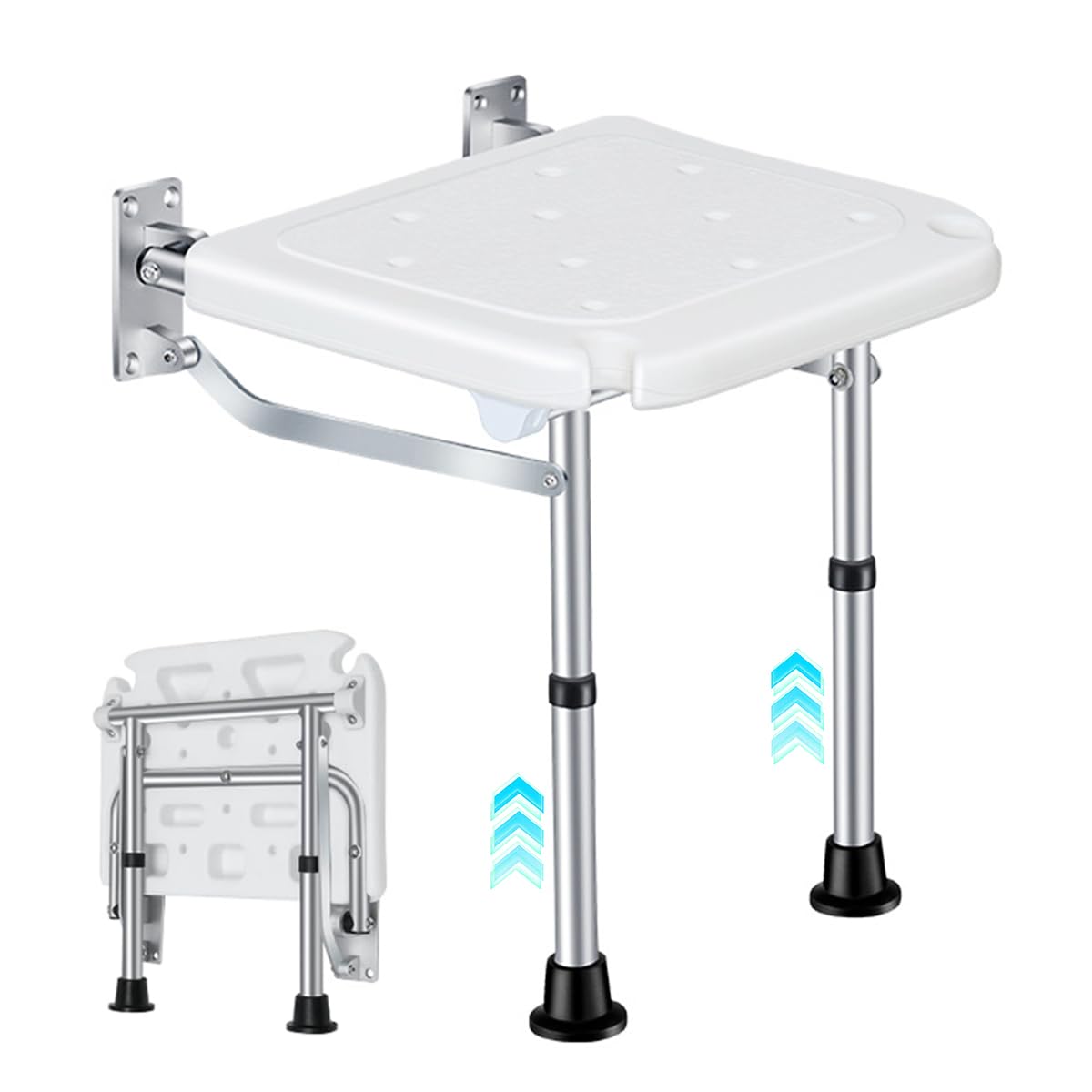 Fauteuil De Douche Pliable TAUS – Mural, Inox, Teck, Capacité 350 Lbs, Pour Personnes âgées/enceintes