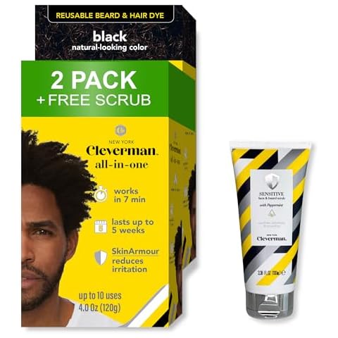 Cleverman 2 Pack - Black Hair & Beard Dye for Black Men x2 + 1 Free Sensitive Face & Beard Scrub Cover