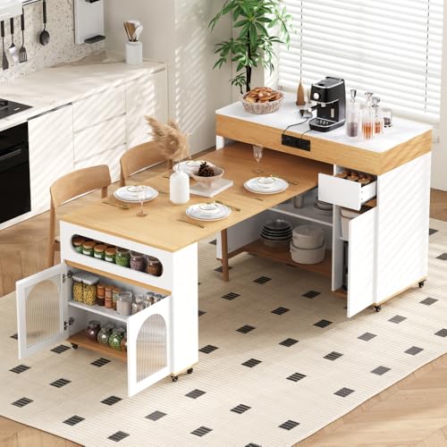Sapgaks Table de Bar, îlot de Cuisine sur roulettes, Table à Manger Extensible avec Prise électrique et Plateau en Verre, Buffet pouvant Servir d'îlot de...