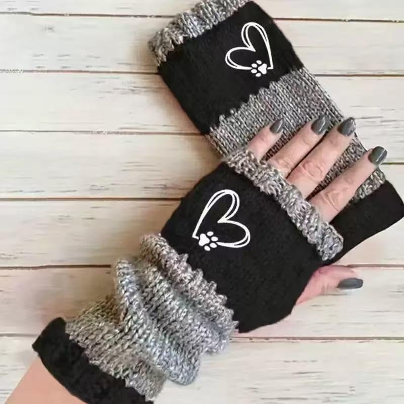 Miniatura 4 de Guantes térmicos de invierno para mujer con estampado de pata de corazón, puños elásticos bordados para actividades al aire libre, guantes de