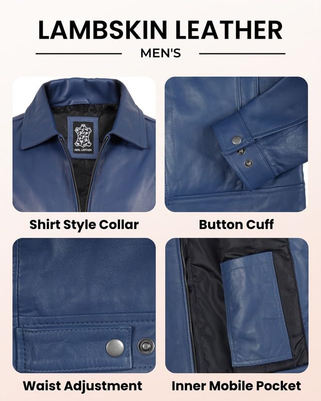 Image of Blingsoul Vintage Distressed Leather Jacket for Men - Shirt Collar Genuine Lambskin Mens Leather Jacket