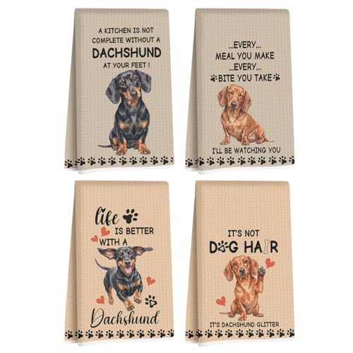 Image of 4 Pcs Funny Dachshund Kitchen Towels 24x14 Inch, Dachshund Gifts Reusable Dish Towels for Kitchen Bathroom Decor, Waffle Weave Absorbent Tea Towel, Cute Weiner Dog Gifts for Women Mom Friend