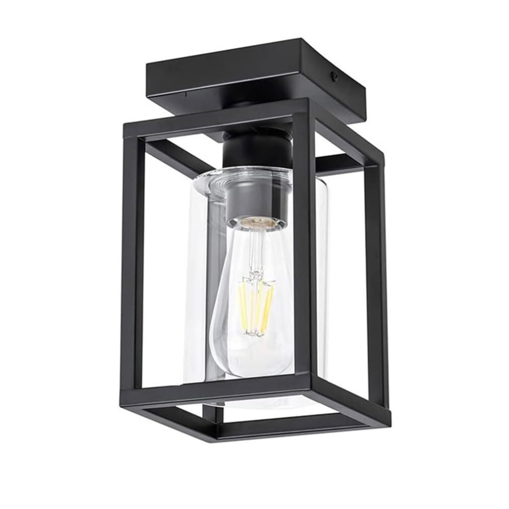 ITOSUI Black Industrial Flush Mount Ceiling Light Square Metal Cage Clear Glass Shade Fixture Farmhouse Close to Ceiling Lighting for Entryway Hallway Porch E26 Base