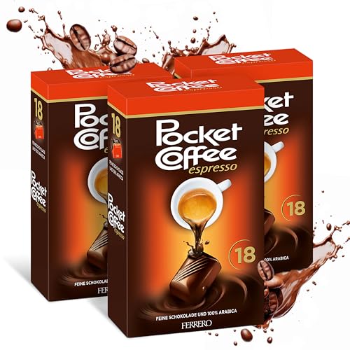 Pocket Coffee Espresso – 3 Packungen à 18 Pralinen (3 x 225g) – Schokolade gefüllt mit Kaffee – Süßigkeiten mit 100% Arabica Espresso – Ideal für unterwegs – Ein süßer Genuss mit Koffein