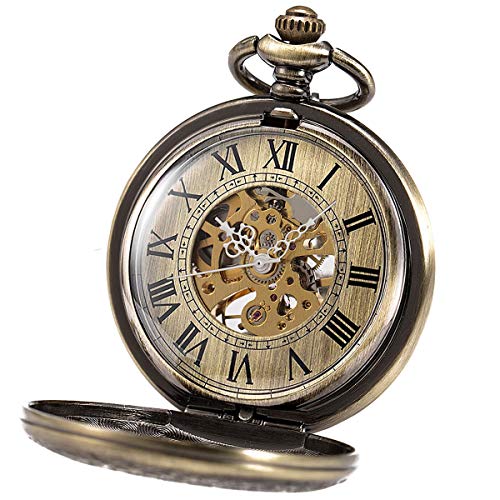 Image of SIBOSUN Pocket Watch Mechanical Skeleton Antique Men Bronze Roman Numerals Hand Wind